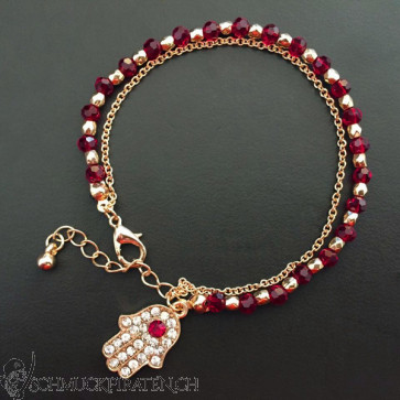 Armband zweireihig mit Hamsa Hand goldfarben und rubinrot-Bild 1