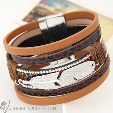 Lederarmband mit Feder silberfarben & braun