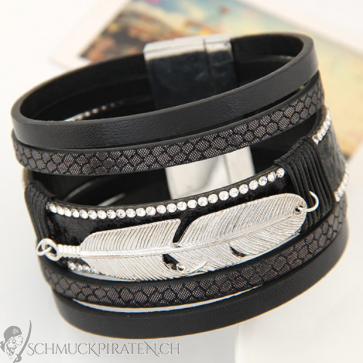 Lederarmband mit Feder silberfarben & schwarz