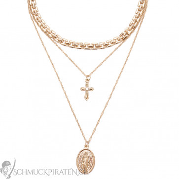 Halskette für Damen mehrreihig goldfarben mit Kreuz und Medallion-Bild 1