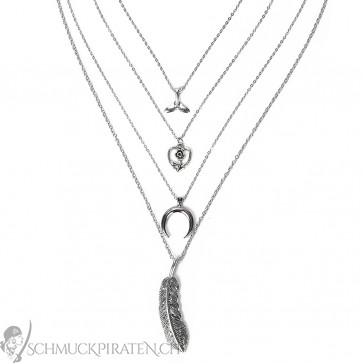 Halskette silberfarben mehrreihig mit Halbmond, Herz und Feder-Bild 1