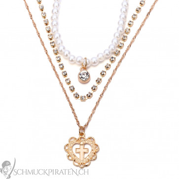 Halskette für Damen mehrreihig goldfarben mit Perlen und Kreuz-Bild 1