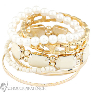 Damen Armreifen Set in gold mit weissen Perlen