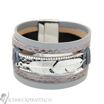 Breites Damen Armband in grau und silber mit Feder-Bild 1