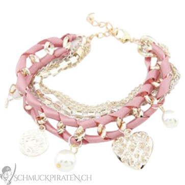Charm Armband in gold und rosa mit Herz- und Perlenanhängern-Bild 1