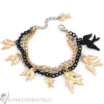 Damen Armband in gold, silber und schwarz mit Vogelanhänger-Bild 1