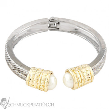 Armreif in silber und gold mit weisser Perle