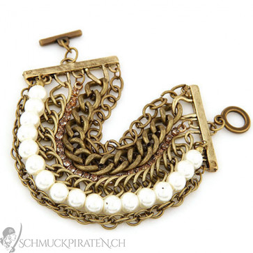 Damen Armband im Vintage Look in altgold mit weissen Perlen-Bild 1