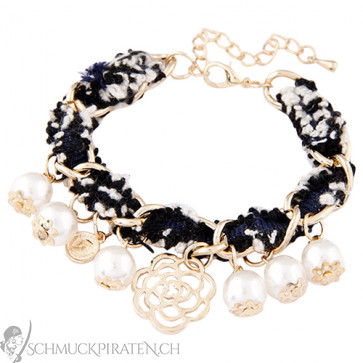 Damen Armband in gold mit Perlen und Blume-schwarz-weiss-Bild 1