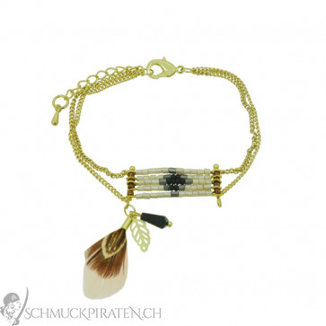 Damen Armband in gold mit Glasperlen und kleiner Feder