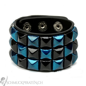 Herren Lederarmband in schwarz mit Metallic Nieten in blau und schwarz