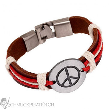 Herren Lederarmband in braun, rot und weiss mit Peace Zeichen-Bild 1