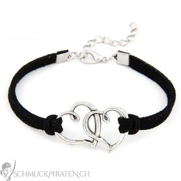 Damen Lederarmband in schwarz mit Herzen in silber-Bild 1