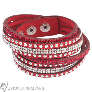 Armband aus rotem Kunstleder mit Nieten und Strass-Bild 1