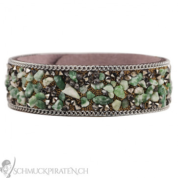 Elegantes Damenarmband aus grünen Steinen und Kunstleder