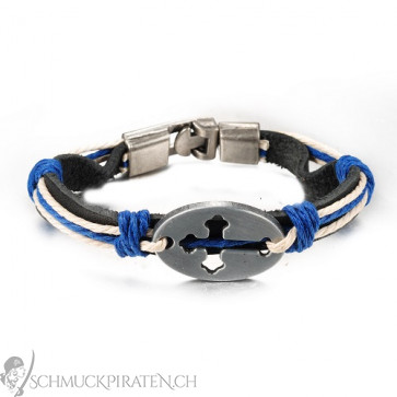 Herren Lederarmband in schwarz und blau mit Kreuz