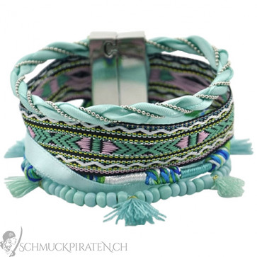 Coachella Armband in türkis und silber mit bunten Textilbändern-Bild 1