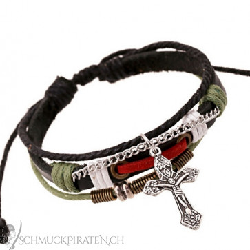 Herren Lederarmband in schwarz, grün und rot mit Kreuz