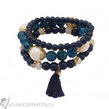 Armband Set in dunkelblau mit weissen Perlen und Tassel