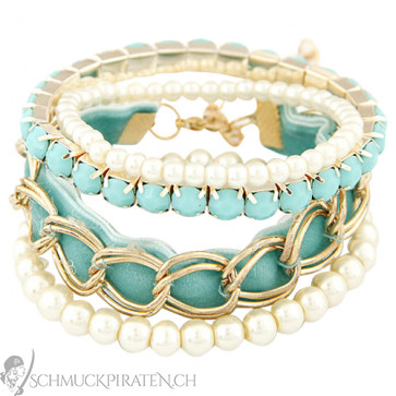 Damen Armband Set in gold und hellblau mit Perlen-Bild 1