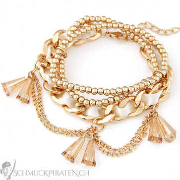 Damen Armband Set in gold mit Perlen und hellem Band-Bild 1