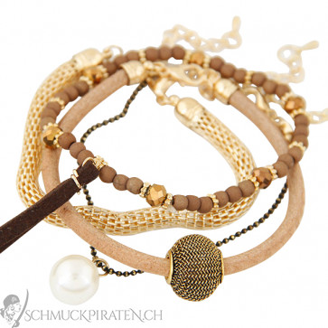 Armband Set mit weisser Perle in gold und braun-Bild 1