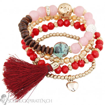Armband Set aus Perlen in rot, braun und rosa mit Tassel
