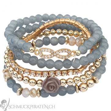 Damen Perlenarmband Set in grau und gold mit Infinity Zeichen und Rose-Bild 1