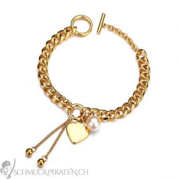 Damen Edelstahl Armband in gold mit Perle und Herzanhänger
