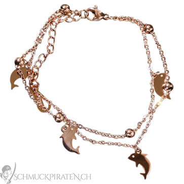 Damen Edelstahl Armband zweireihig rosegoldfarben mit Delfinanhängern-Bild 1