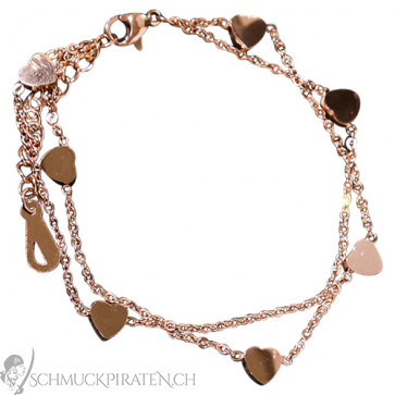 Damen Edelstahl Armband zweireihig rosegoldfarben mit Herzanhängern-Bild 1