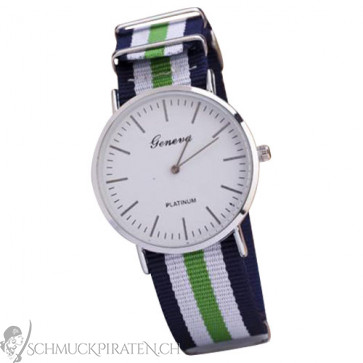 Armbanduhr Unisex in silber mit Streifen in blau, grün und weiss