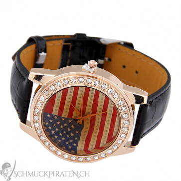 Armbanduhr Damen in schwarz mit amerikanischer Flagge