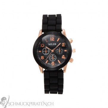 Damen Uhr Silikon in schwarz und roségold-Bild 1
