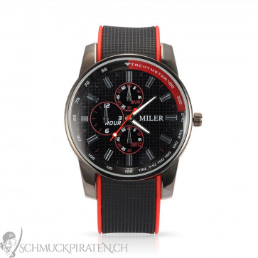 Herren Armbanduhr mit Silikonband in schwarz und rot-Bild 1