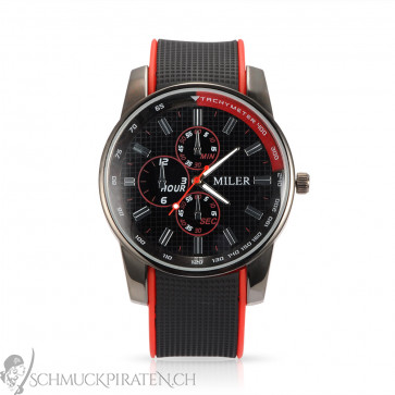 Herren Armbanduhr mit Silikonband in schwarz und rot-Bild 1