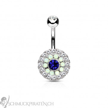 Bauchnabelpiercing in silber mit Kreis und Stein in blau