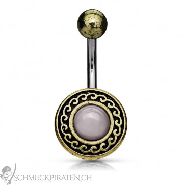 Bauchnabelpiercing in altgold mit Tribal und Halbedelstein