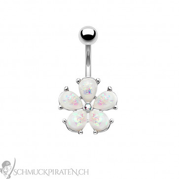 Bauchnabelpiercing mit Opal Blume silberfarben und weiss