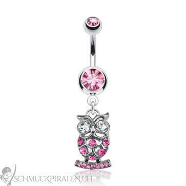 Bauchnabelpiercing in silber und pink mit Eulenanhänger