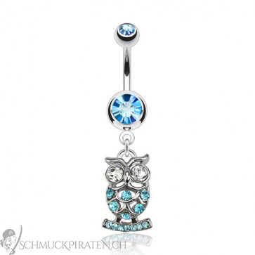 Bauchnabelpiercing in silber und blau mit Eulenanhänger