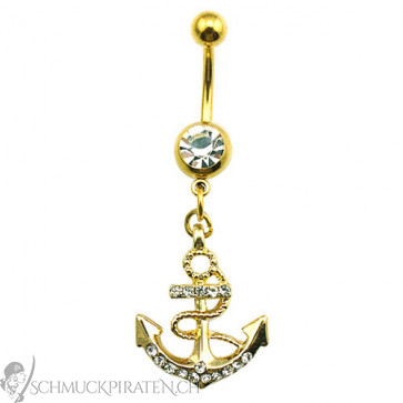 Damen Bauchnabelpiercing in gold mit Anker Anhänger und Strass