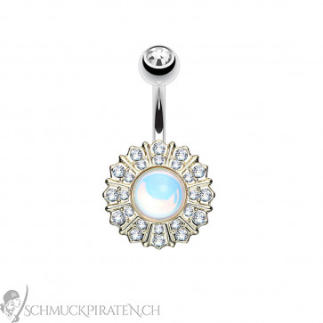 Bauchnabelpiercing runde Blume goldfarben mit Strass und Opal