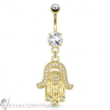 Vergoldetes Bauchnabelpiercing Hand der Fatima mit Strass