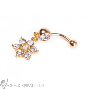 Damen Bauchnabelpiercing in gold mit Blumenanhänger und Strass-Bild 1