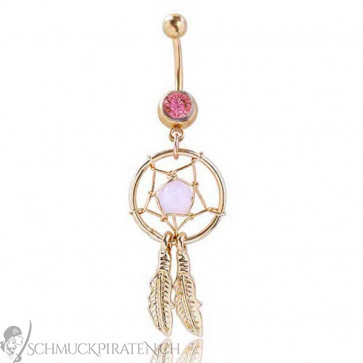 Bauchnabelpiercing in gold mit Stein in pink und Dreamcatcher-Bild 1