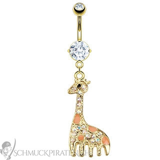 Vergoldetes Bauchnabelpiercing mit Giraffen Anhänger und Strass