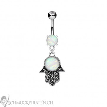 Bauchnabelpiercing in silber mit Hand der Fatima Anhänger und Opal Stein