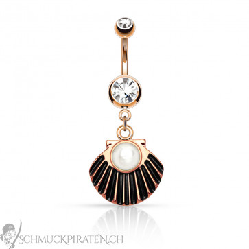 Bauchnabelpiercing in roségold mit Muschel Anhänger in schwarz