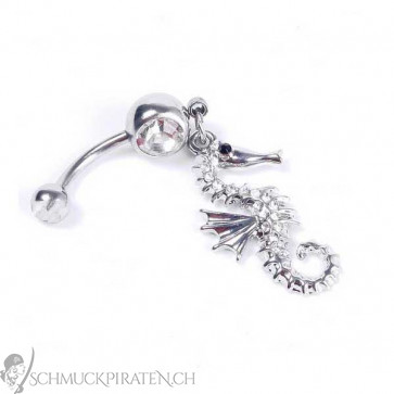 Damen Bauchnabelpiercing in silber mit Kristallstein und Seepferd